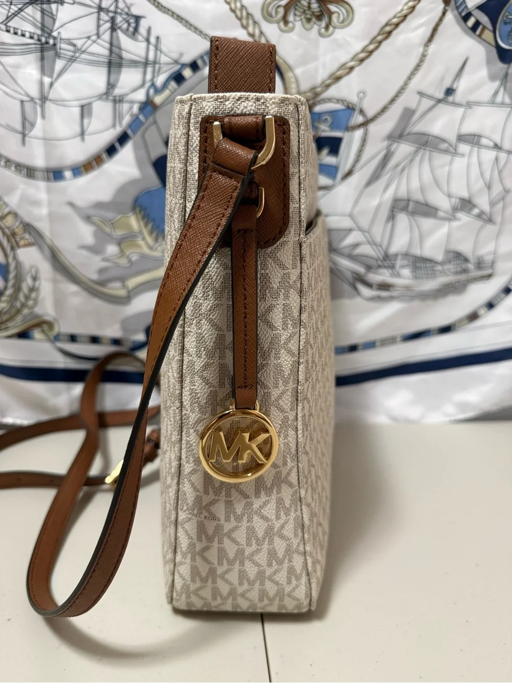 Michael Kors Beige Logo Crossbody Bag with Brown Strap NWT